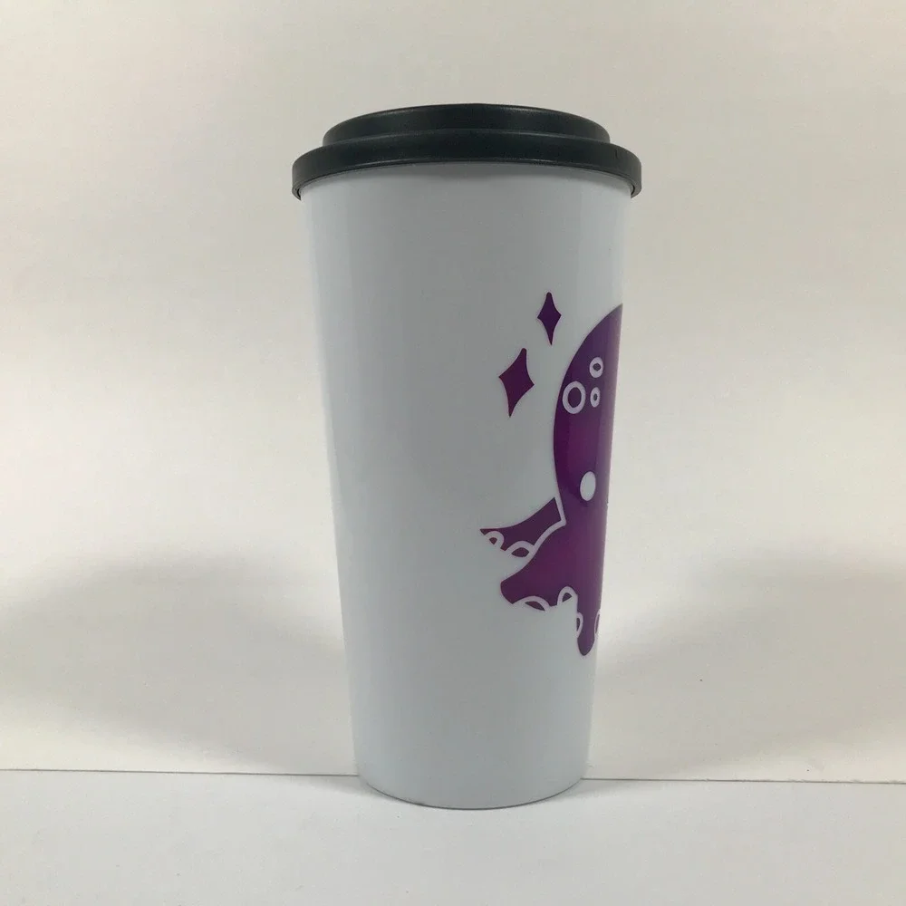 Purple Octopus Travel Tumbler White Reusable Coffee Cup with Black Lid